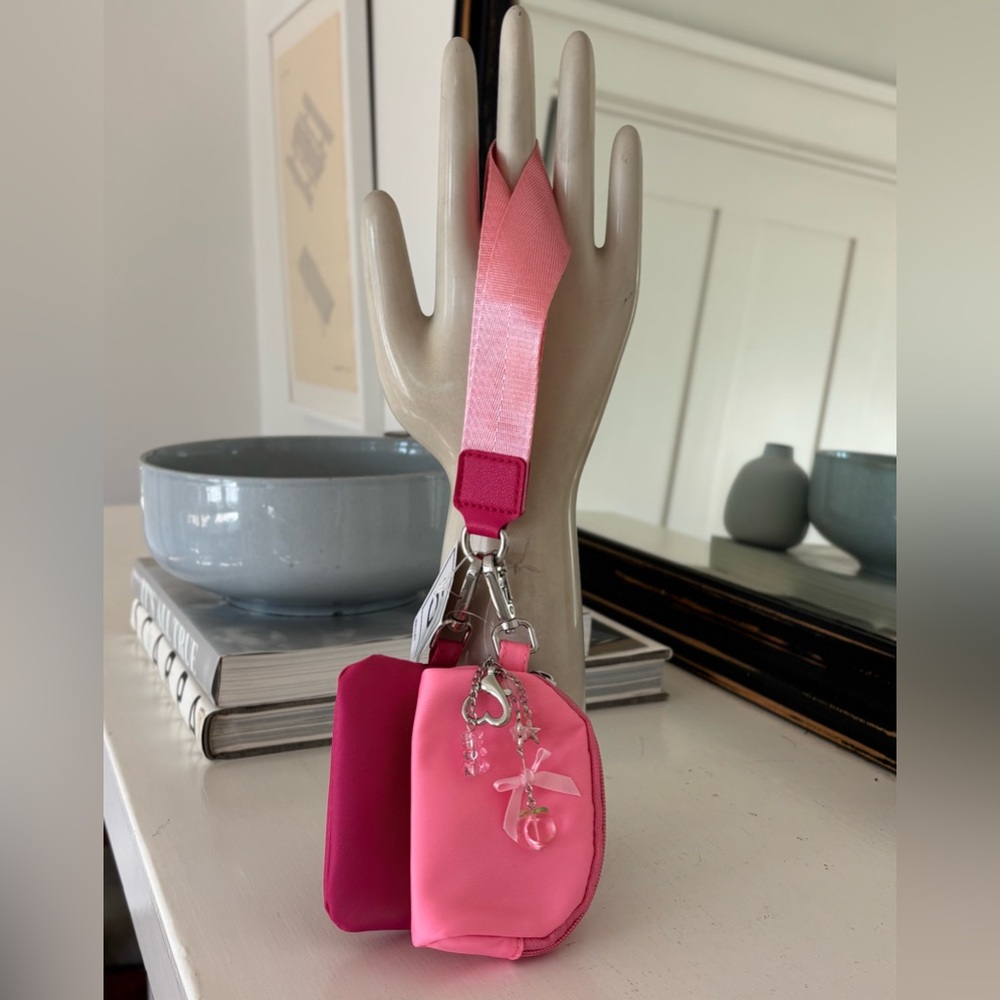 Double Purse Wristlet Keychain with Gummy Bear, Peach, Silver Heart, Bag Charm - Picture 6 of 12